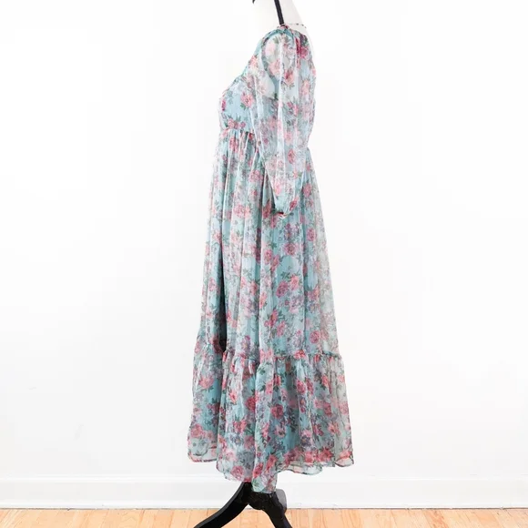🦋LAST🦋 NWT Storia Teal Floral Baby Doll Midi Dress - Picture 3 of 5